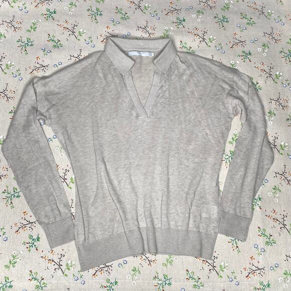 One Grey Day Collared Pullover Sweater Linen Cotton V-Neck Light Polo Gray XS - Picture 2 of 6